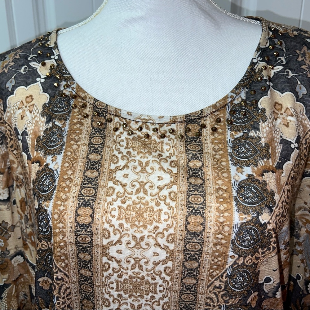 NWT Women’s 1X Ruby Rd Pullover Tunic Top, Black Brown Gray Paisley